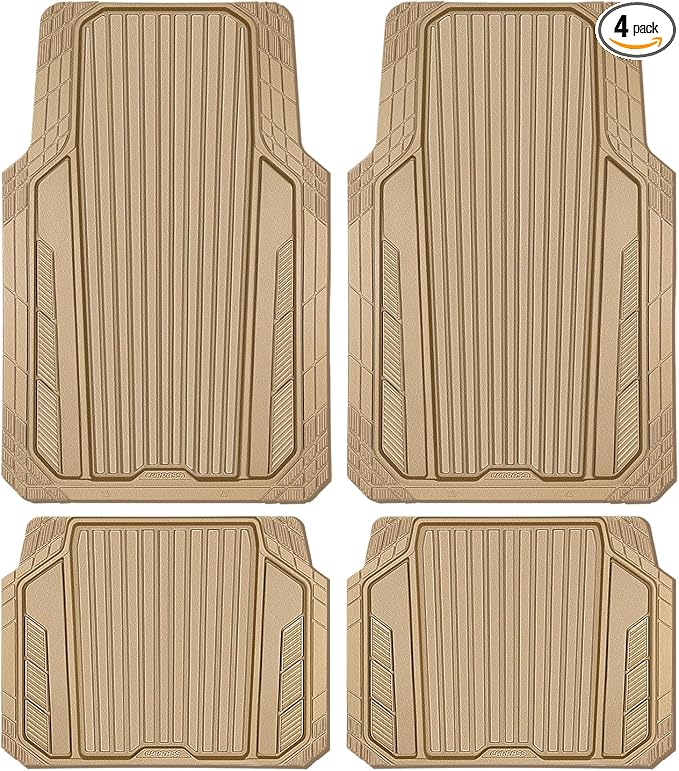 CAR PASS Heavy Duty Sporty Rubber Car Mats, Deep Dish All Weather Car Floor Mats Full Set, Waterproof Anti-Slip Automotive Matts Rugs Trim to Fit for Most Sedans SUVs, 4-Piece All Beige
