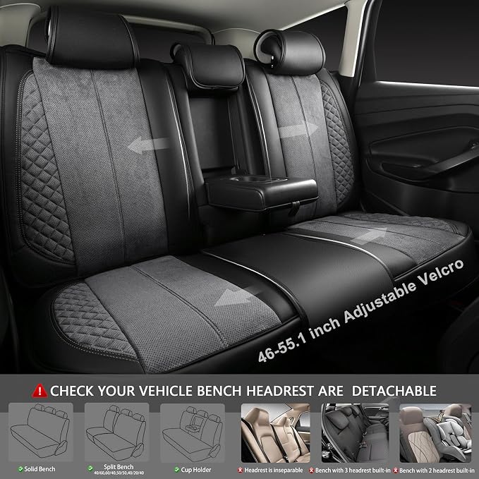 CAR PASS Suede Leather Seat Covers Full Set Soft Protector Durable Cushioned Warm in Winter Breath in Summer,Universal Sport Car Seat Cover Fit for Sedan SUV Pick-up Truck,Anti-Slip and Backseat(Grey)