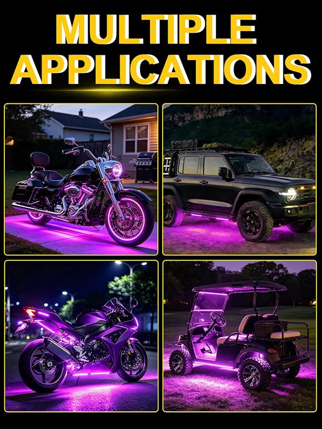 YM E-Bright Pinky Purple Golf Cart LED Underglow Strip Lights 4 Pcs 11inch | IP67 waterproof, 5050 15SMD chips, DC 12V, fit cars, motorcycles, golf carts and boats for interior & exterior decoration