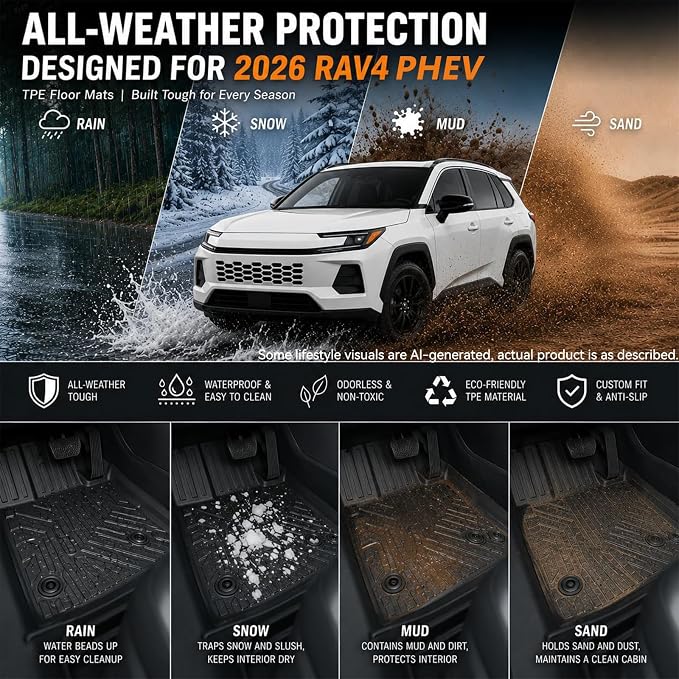 Floor Mats & Cargo Liner for 2026 Toyota RAV4 PHEV(Suitable for Plug-in Hybrid), All Weather TPE Custom Fit Floor Mat Set with Waterproof Anti-Slip Protection,Accessories for 2026 RAV4 PHEV