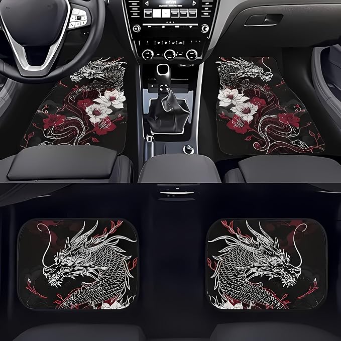 Universal Fit Car Floor Mats Set of 4Pcs, Dragons and Flowers Print All-Weather Front Rear Car Carpet Mats, Non-Slip Car Floor Mat Car Accessories for Automotive Trucks SUV Sedans Vans