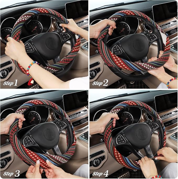 SEG Direct Boho Steering Wheel Cover, Baja Blanket Cloth, Coarse Flax | Bohemian Car Decor, Ethnic Style, Coarse Flax, Fabric Cover Fits 14 1/2-15 1/4 inches Standard Medium Size, for Women Men