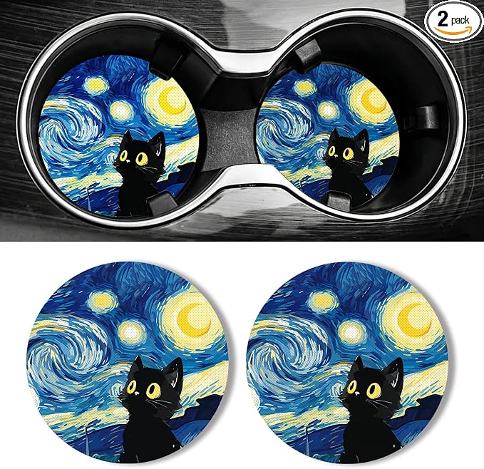 WOCOCN Car Coasters for Cup Holders - 2 Pack 2.75" Universal Rubber Car Cup Coaster, Non-Slip Waterproof Car Interior Accessories, Cute Car Decor Gifts for Women and Men (Blue Starry Sky Cat)