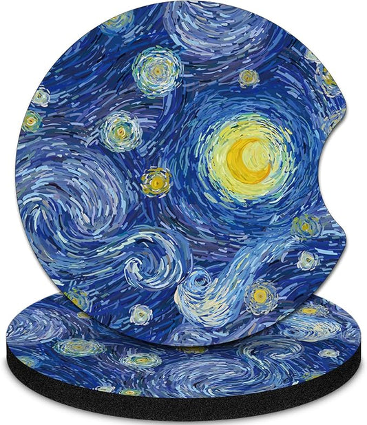 2 Pack Car Coasters，2.75-inch Neoprene Non-Slip Cup Holder Coasters for Car，Cute Car Interior Accessories for Men and Women，Blue Moon