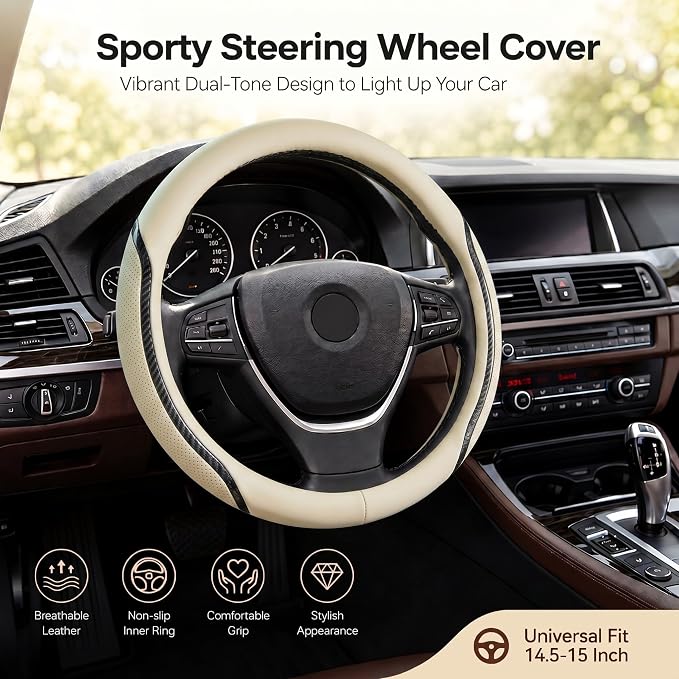 Beige Steering Wheel Cover with Coasters Leather Universal 15 inch | Carbon Fiber Car Steering Wheel Covers Microfiber Breathable Anti-Slip Durable Steering Wheel Accessories Set