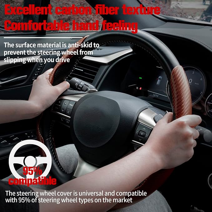 Amiss 2pcs Carbon Fiber Anti-Skid Steering Wheel Cover, Waterproof & Segmented Butterfly Design, Universal 99% Vehicle Wheel Cover Protector, Car Interior Accessories (Champagne-2pcs)