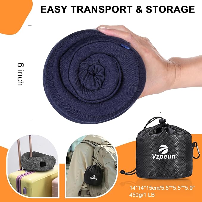 Travel Pillow - Hooded Neck Pillow Airplane Memory Foam Filling for Plane, Office, Cars Sleeping, Road Trip, Long Flights, Airplane Travel Essentials, Includes Eye Mask & Earplugs (Navy)