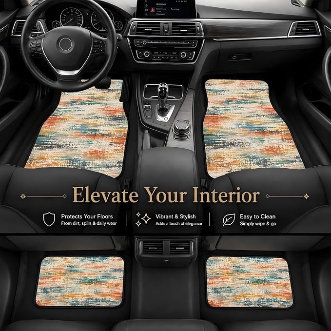 Color Abstract Car Floor Mats Set of 4 Distressed Boho Texture Car Accessories Foot Mats Rugs, Non-Slip,Decor for Universal Fit for Suvs Sedans Trucks Cars Auto Floor Carpets Rugs All-Weather