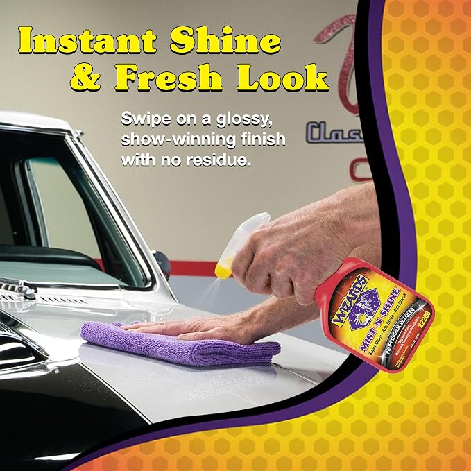 Wizards Mist-N-Shine Quick Detailer Spray - Waterless Wash - 8 oz | Anti-Static Formula for Paint, Chrome, Glass, Plastic, and Rubber Trim, Wax-Free, No Petroleum Solvents, Cars, Bikes, Boats