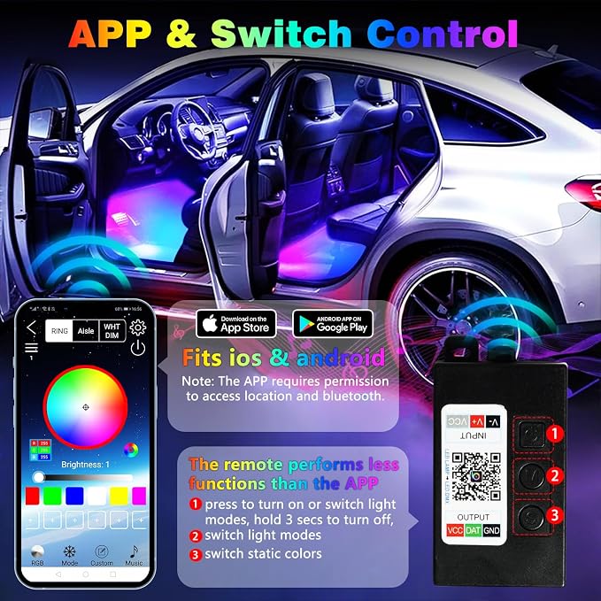 Car Led Interior Light Strip 13 Inch 72LEDs Under Dash Foot Well Soft Lighting RGB DIY 210 Modes Static/Chase/Gradient/Strobe/Music, Timer App Switch Control, USB 5V DC 12V, No Remote