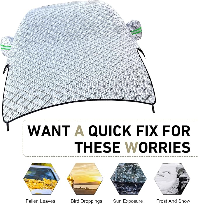 Car Cover Waterproof All Weather, Outdoor Hood Protection, Foldable Protective Shield with Windproof Fixed Strap, Universal Car Snow Cover (Silver)