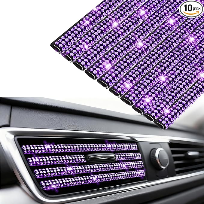 NBTEPEM Bling Car Air Conditioner Decoration Strip for Vent Outlet, 10 PCS Universal Rhinestone Car Vent Outlet Trim Decorations, Bling Interior Accessories for Women and Girls (Purple)