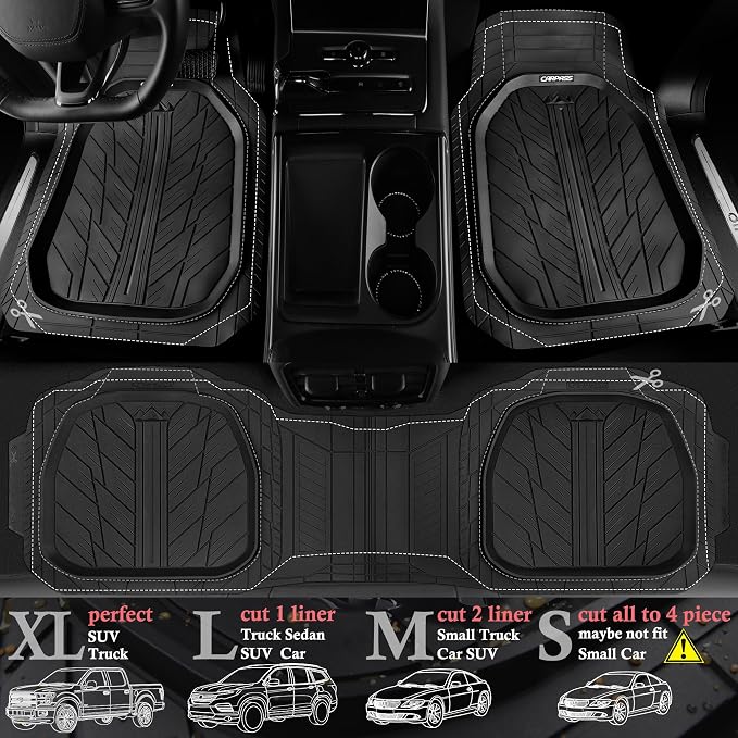 CAR PASS Rubber Leather Steering Wheel Cover Large-Size 15.5-16 Inches Fit for Truck SUV Large Car Ram F150 Tundra 4Runner Tacoma, XXL Heavy Duty Deep-Dish Car Floor Mats, Trim-to-Fit Car Mat Black