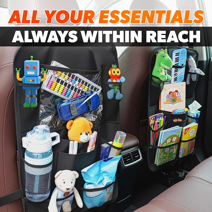 2 Pcs Backseat Car Organizer - Travel-Ready 23.4x16" Back Seat Car Organizer with 9 Large Pockets and Clear Tablet Holder, Made from Polyester with Adjustable Straps - Easy to Attach and Clean