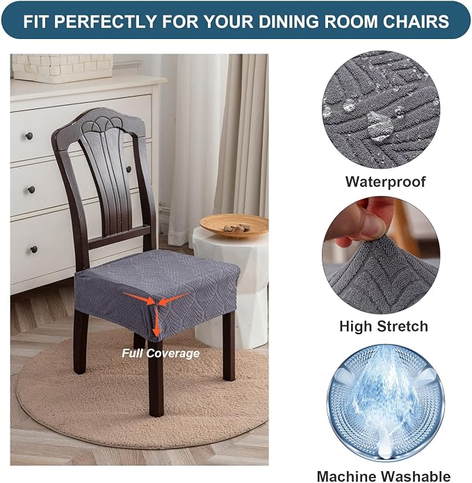 Waterproof Stretch Seat Covers,Dining Room Chair for 6 Set Removable Washable Chair Slipcover Protectors,No Rear Covers,Dark Grey