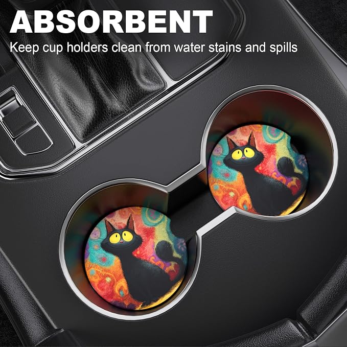 2 Pack Car Cup Holder Coaster, 2.63 inch Anti Slip Insert Absorbent Ceramic Car Coaster with Cork Base and Finger Notch, Cute Car Accessories Interior for Women, Cute Car Coasters.