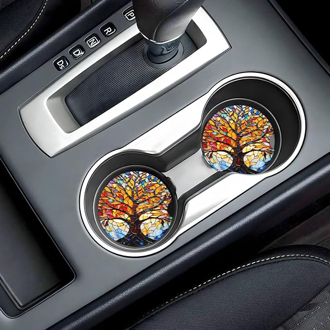 Tree of Life Art Car Cup Holder Coasters 2 Pack 2.63" for Women | Glass Universal Anti Slip Ceramic Absorbent Coaster with Cork Base and Finger Notch Cute Car Accessories Interior