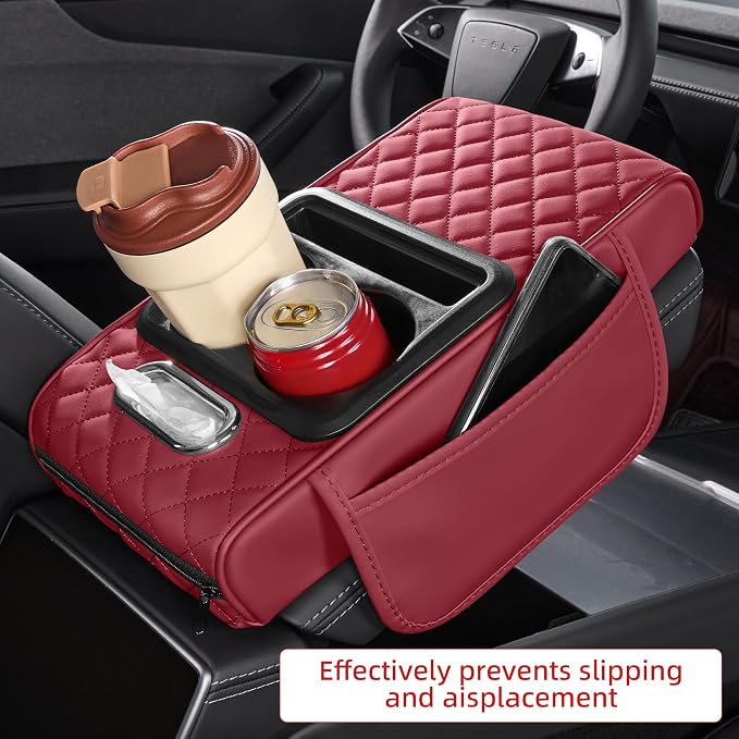 5 in 1 Nappa Leather Console Armrest Cover, Burgundy | Built-in cup holder, tissue slot, phone holder & 2 storage pockets, practical car accessories fit SUV sedan truck