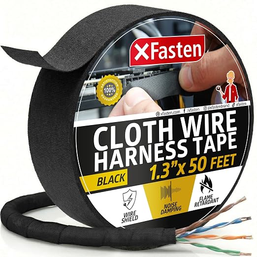 XFasten Wire Harness Tape, 1.3-Inch x 50-Foot, High Temp Wiring Loom Harness, Self-Adhesive Felt Cloth Electrical Tape for Automotive Engines, Noise Dampening, and Cable Protection