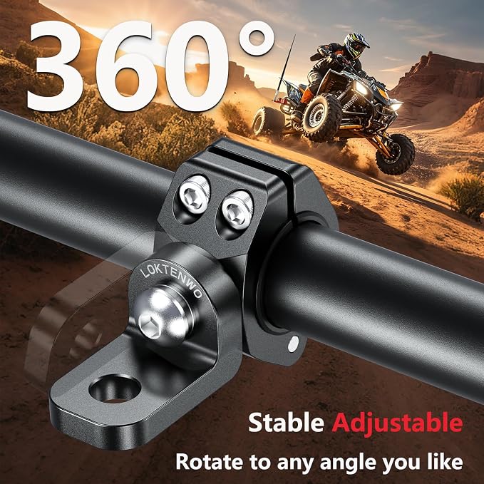 LOKTENWO 2PCS 360°Adjustable ATV Whip Light Mount, Heavy Duty CNC Light Bar Mounting Bracket for Motorcycle Golf Cart Universal 0.875''/1''/1.125''/1.26” Roll Cage