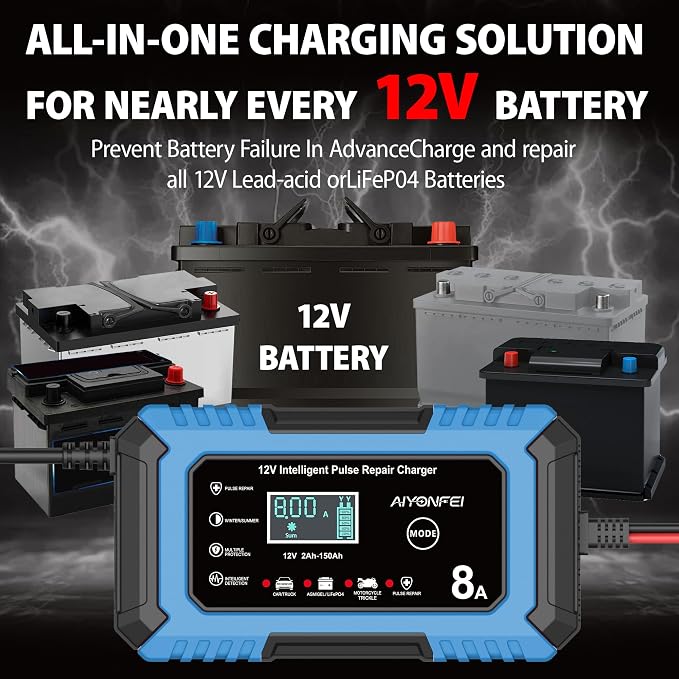 12V Battery Charger 8-Amp Smart Trickle Charger, Blue | Battery Maintainer and Desulfator, Temperature Compensation, for Car, Truck, SUV, Motorcycle, Boat, Lead Acid, LiFePO4