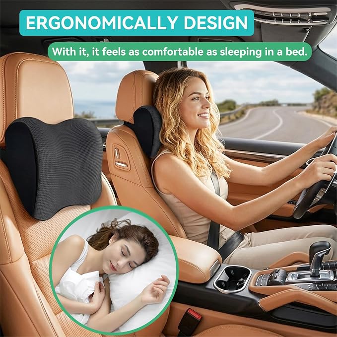 Super Fit Car Headrest Pillow, Car Pillow for Driving with Adjustable Strap | 100% Memory Foam Neck Pillow, Breathable Removable Cover & Ergonomic Design - Softness Travel Car Neck Pillow(Black, 1PC)