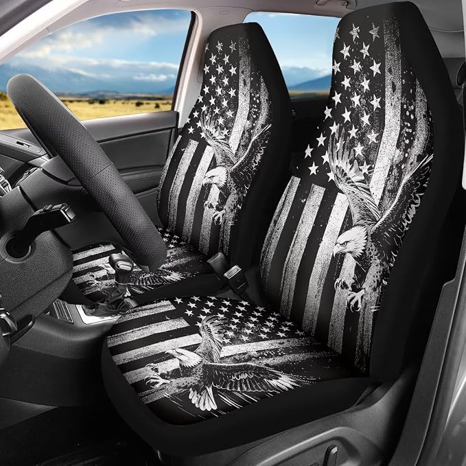 Eagle Car Front Seat Covers Anti-Slip Gray US Flag Car Seat Cover for Front Seats Set of 2 Patriotic Removable Automotive Accessories Universal Fit for Cars SUVs Sedans