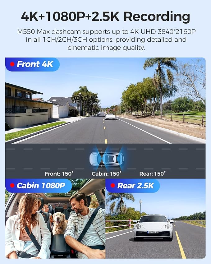 AZDOME M550 Max 4K 3 Channel Dash Cam, Dual STARVIS 2 Sensors, 4K+2.5K+1080P Front and Rear Inside Triple Car Camera, Built-in WiFi GPS, 64GB Card Included, IR Night Vision, for Cars Trucks SUV RVs