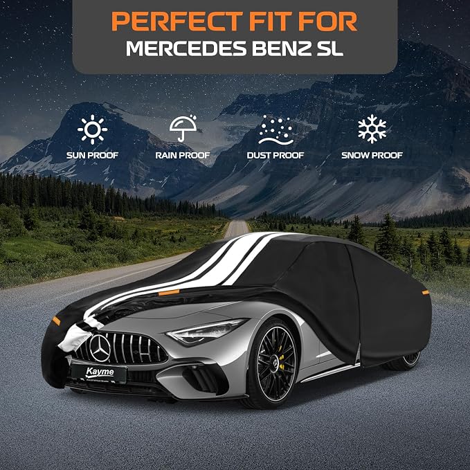 Kayme Heavy Duty Car Cover Custom Fit for Mercedes Benz SL (1971-2021), Outdoor Full Exterior Cover with Tape and Towel, Rain Snow Sun UV Protection.