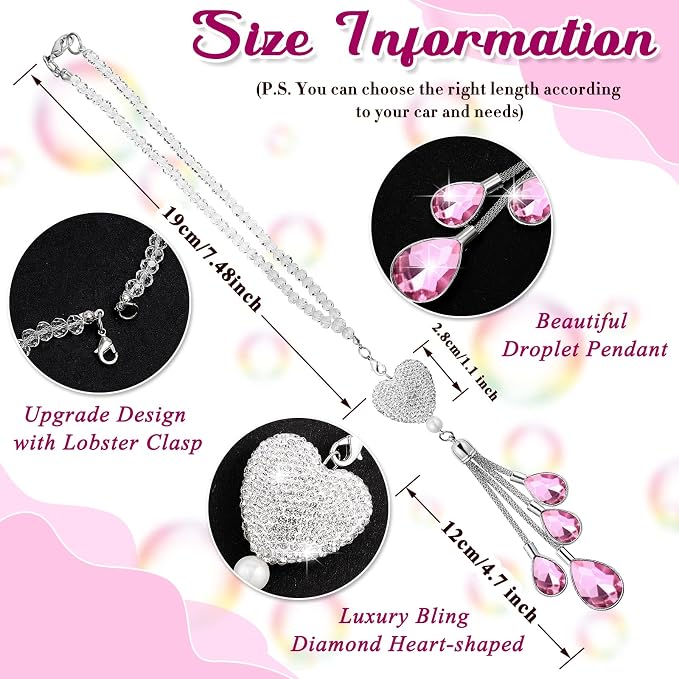 Frienda Bling Car Rear View Mirror Accessories for Women Gift Cute Heart Crystal Hanging Charm Diamond Decoration Lucky Interior Ornament Pendant(7.5 Inch,Pink)