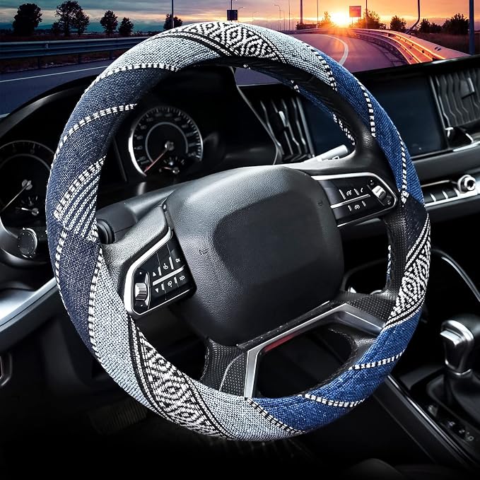Valleycomfy Boho Steering Wheel Covers for Women Cloth Bohemian Universal | 15 inch Baja Blanket Enthic Blue