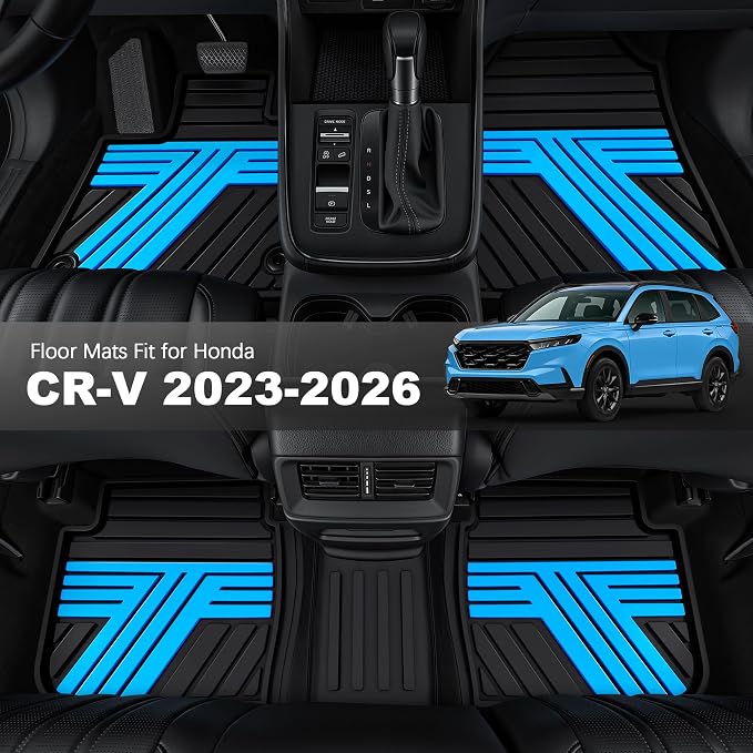 Rubber Floor Mats for Honda CR-V 2026 2025 2024 2023 (Gasoline & Hybrid) | All Weather Custom Fit Heavy Duty Car Mats for CRV, 1st & 2nd Row, Black & Blue