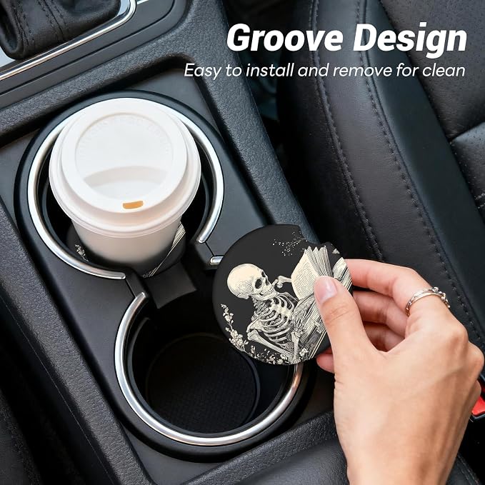 Car Cup Holder Ceramic Coasters 2 Pack, 2.56 in Anti Slip Absorbent Coaster with Cork Base and Finger Notch, Funny Cute Car Accessories Interior for Women, Skeleton Man