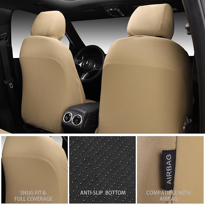 CAR PASS Neoprene Waterproof Seat Covers Full Sets, Wetsuit Car Seat Covers 5 Seats Universal Fit for Vans, Truck, SUV, 3D Tyre Embossed Seat Covers Anti Slip with Armrests, Aibag Compatible All Beige