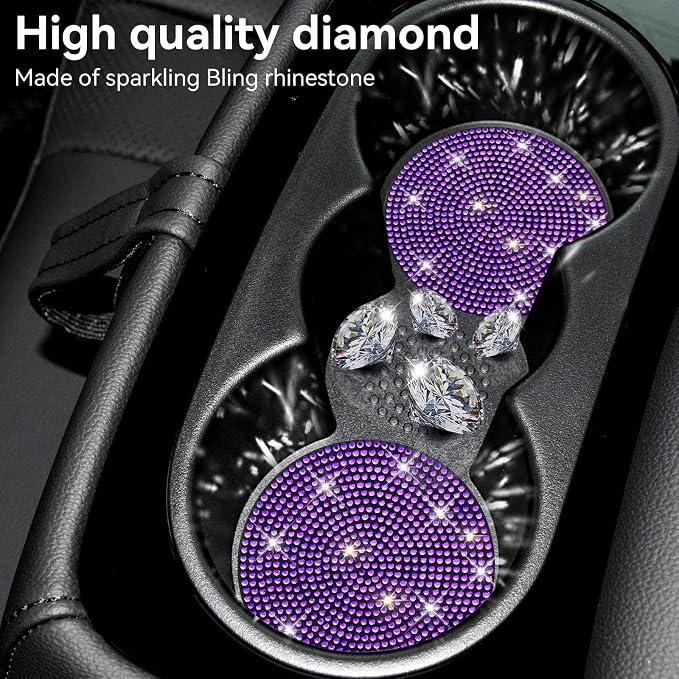 SINGARO Bling Cup Holder Coasters for Car, 4PCS Universal Non-Slip Cup Holder, Embedded Decorative Coasters, Shiny Crystal Car Interior Accessories Gifts for Women (Purple)