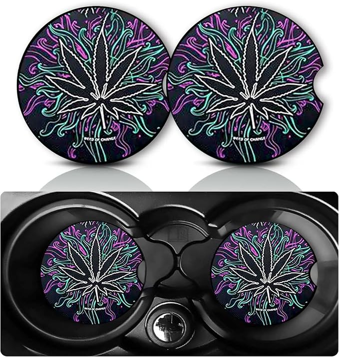 2PCS Dark Leave Car Cup Holder Coasters Universal Anti-Slip Rubber Mat | Weed Culture Auto Accessories Interior Decor, 2.75" Car Coasters for Cup Holders, Gifts for Women Men