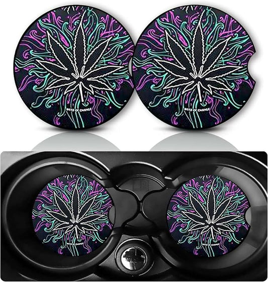 2PCS Dark Leave Car Cup Holder Coasters Universal Anti-Slip Rubber Mat | Weed Culture Auto Accessories Interior Decor, 2.75" Car Coasters for Cup Holders, Gifts for Women Men