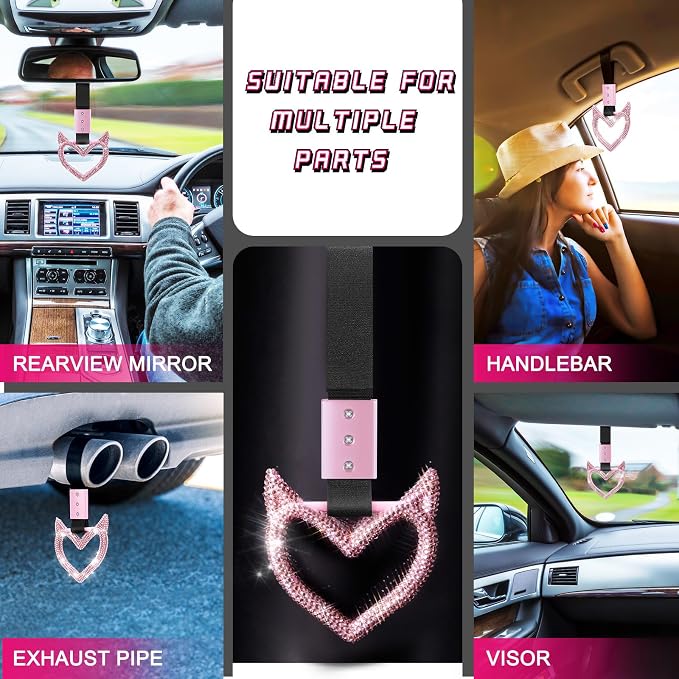 Fabbay Glittery Car Accessories Bling Heart Handle Ring Car Accessory for Women Heart Hand Strap Drift Charm Rear Bumper Warning Ring Decor for Bus Interior Exterior Decoration (Pink, Devil Style)