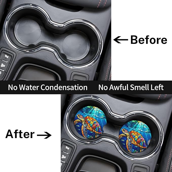 Sea Turtle Ocean Car Cup Holder Coasters 2 Pack 2.63" for Women | Stained Glass Universal Anti Slip Ceramic Absorbent Coaster with Cork Base and Finger Notch Cute Car Accessories Interior