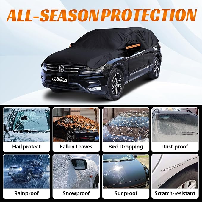 Half Car Cover Top SUV, Hail Protector Car Cover with Cotton Liner, Sunroof & Windshield Cover for Ice and Snow, All Weather Vehicle Body Cover for Sun, Rain, Dust, Fit SUV L