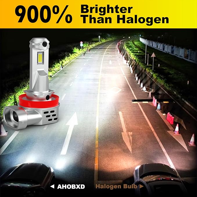 AHOBXD H11 LED Bulbs, H8 H9 H16 Bulbs Upgraded 900% Brightness Super Bright with Fan Cooling 60000LM 1:1 Halogen Mini Size 80000Hrs Lifespans Fog Lights Pack of 2