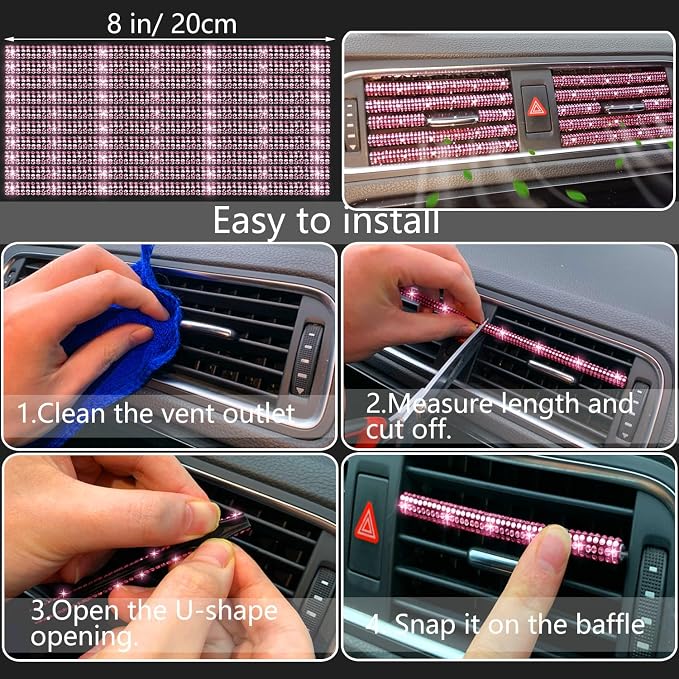 NBTEPEM 27-Piece Bling Car Accessories Set - Universal Fit Steering Wheel Covers, License Plate Frames, Phone Holder, Car Fast Charger, Coasters (Pink)