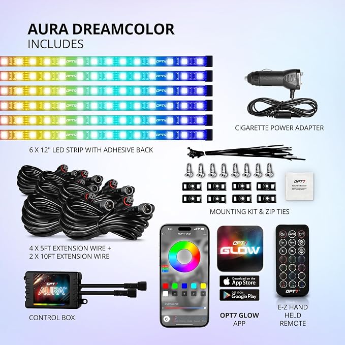 OPT7 Aura DreamColor RGBIC Interior SUV & Van Lights with App & Remote | Chasing Rainbow Effects, Extended Footwell Ambient Lighting, Full SUV Coverage, 3-Row Car Decor, Music Sync, 6PC Kit