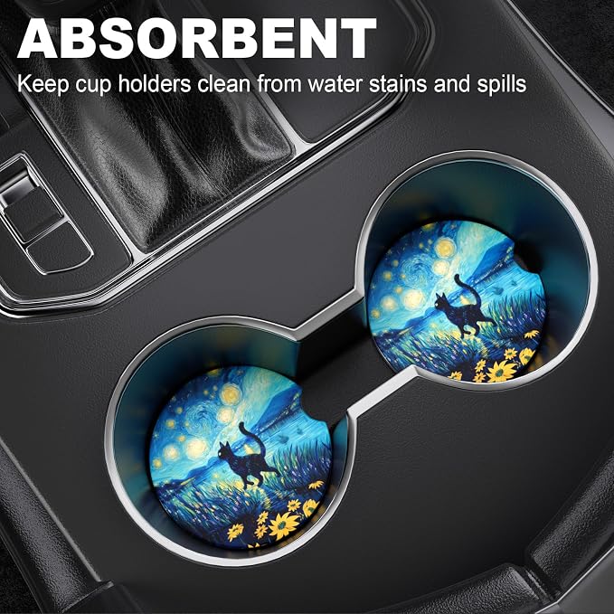 2 Pack Car Cup Holder Coaster, 2.63 inch Anti Slip Insert Absorbent Ceramic Car Coaster with Cork Base and Finger Notch, Cute Car Accessories Interior for Women, Cute Car Coasters.