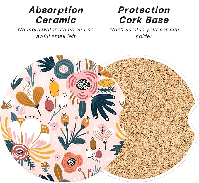 Aiawoxc Car Cup Holder Coasters, 2 Pack Universal Auto Anti Slip Insert Coaster with A Finger Notch, Cup Mat for Most Car Interior, Pink Flower