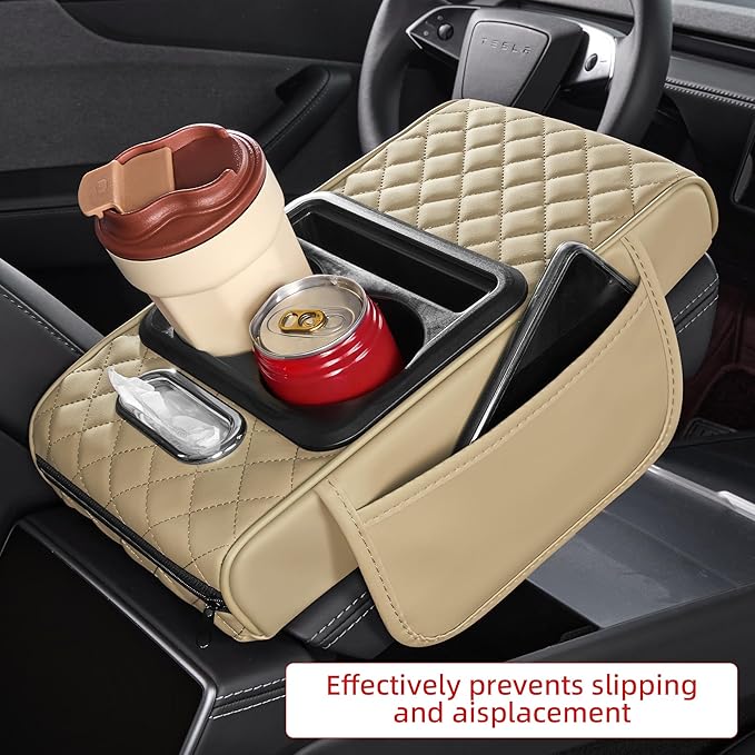 5 in 1 Nappa Leather Console Armrest Cover, Beige | Built-in cup holder, tissue slot, phone holder & 2 storage pockets, practical car accessories fit SUV sedan truck