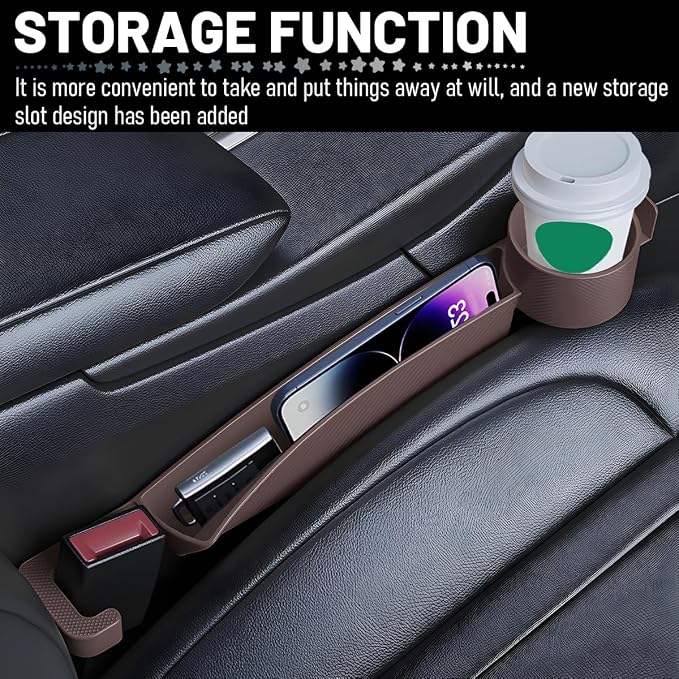 2PCS Car Seat Gap Filler Organizer with Cup Holder, Multifunctional Side Seat Crevice Blocker Plug with Storage Slot, No-Drop Auto Console Side Gap Stopper Organizer, Universal Fit (Brown)