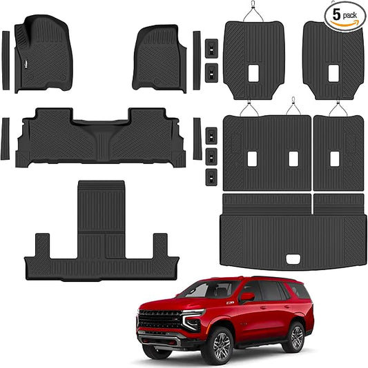 Floor Mats for 2021-2025 2026 Chevrolet/Chevy Tahoe/GMC Yukon 7 Seater with Trunk Mat All Weather TPE Rubber Cargo Liner Full Set for Chevrolet Tahoe/GMC Yukon Accessories (Not for Yukon XL)