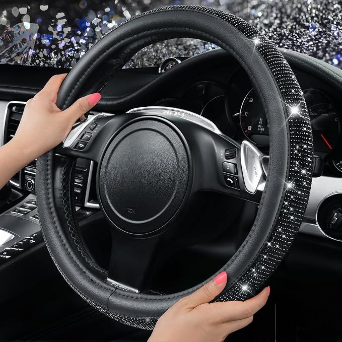 CAR PASS Bling Black Diamond Leather Steering Wheel Cover, with Sparkly Crystal Glitter Rhinestone Universal Fit 15" 1/2-16" Large Size Car Wheel Protector for Women Girl Fit Car,SUV,Van,Sedan, Black