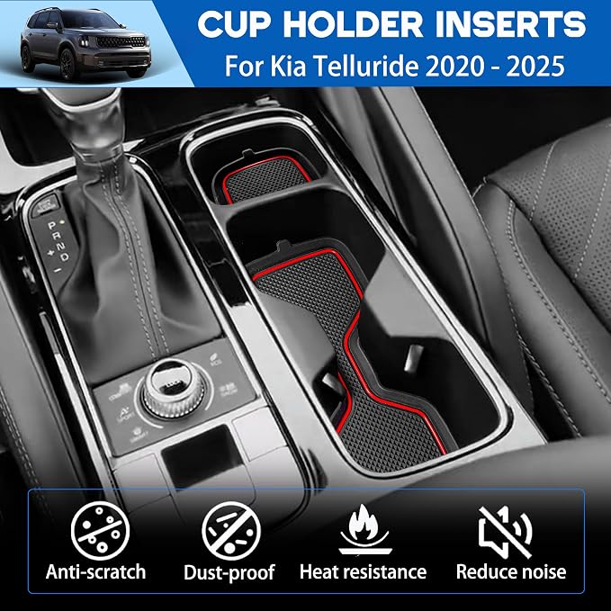 Cup Holder Coaster for Kia Telluride Accessories 2020 2021 2022 2023 2024 2025 Non-Slip Silicone Cup Holder Insert Mat Center Console Protector Liner Pad Interior Decoration 6Pcs (Red Trim)